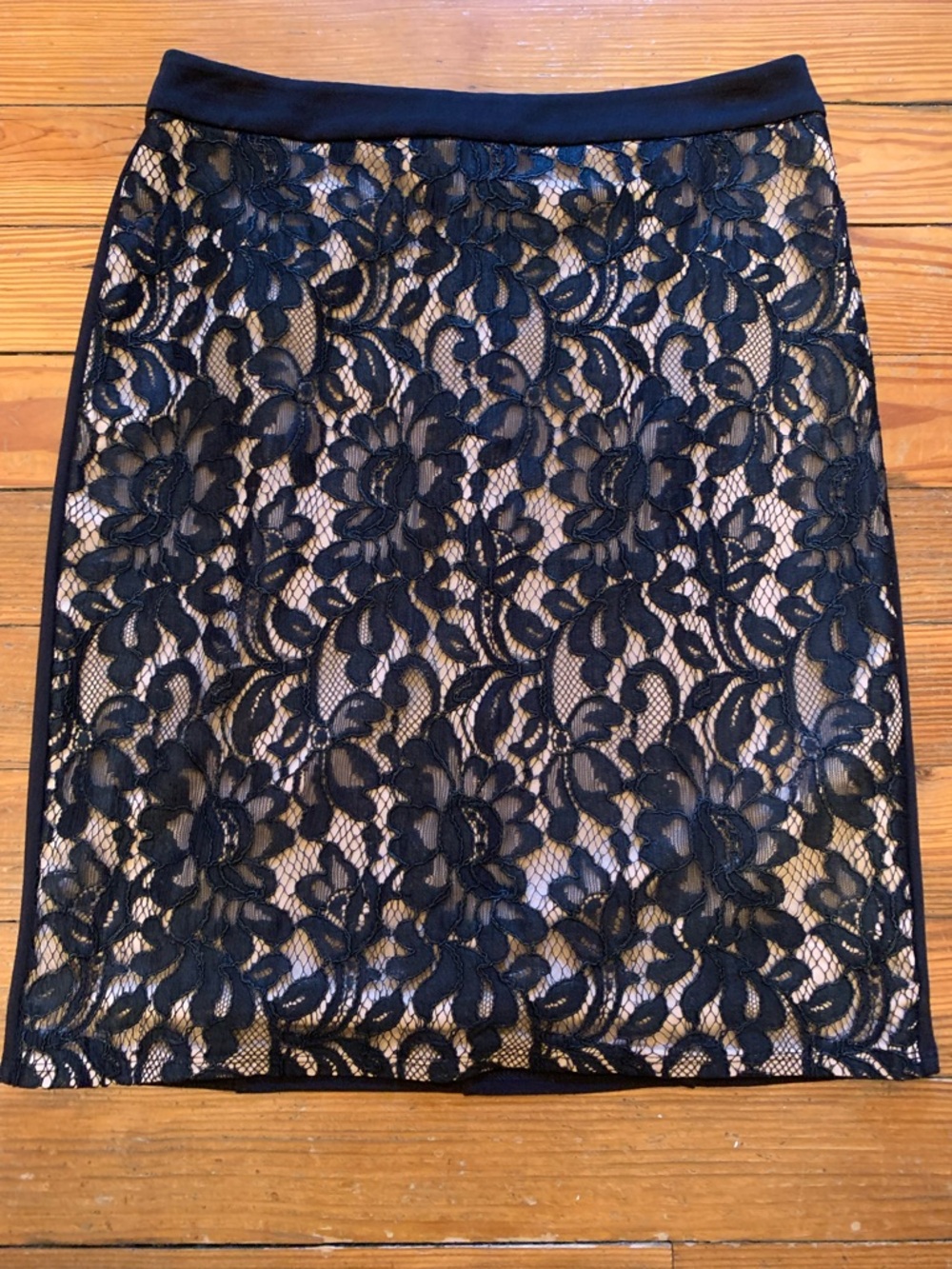 bebe Black Lace Pencil Skirt with Nude Lining